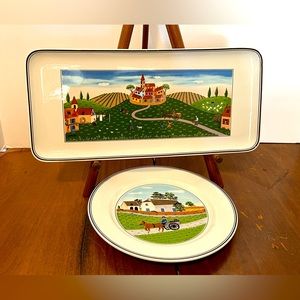 Villeroy & Boch Naif 13 Inch Serving Platter Sandwich Tray & 2 Salad Plates
